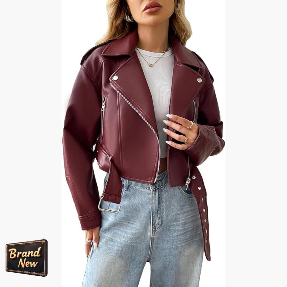 Faux Leather Cropped Jacket with Belt, Motor Biker Style, Classic Fit